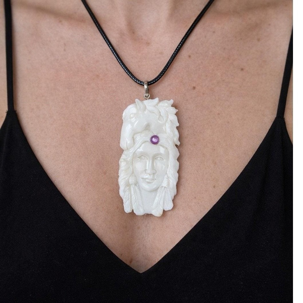 Vintage Carved Figural Horse Pendant Necklace Purple Stone